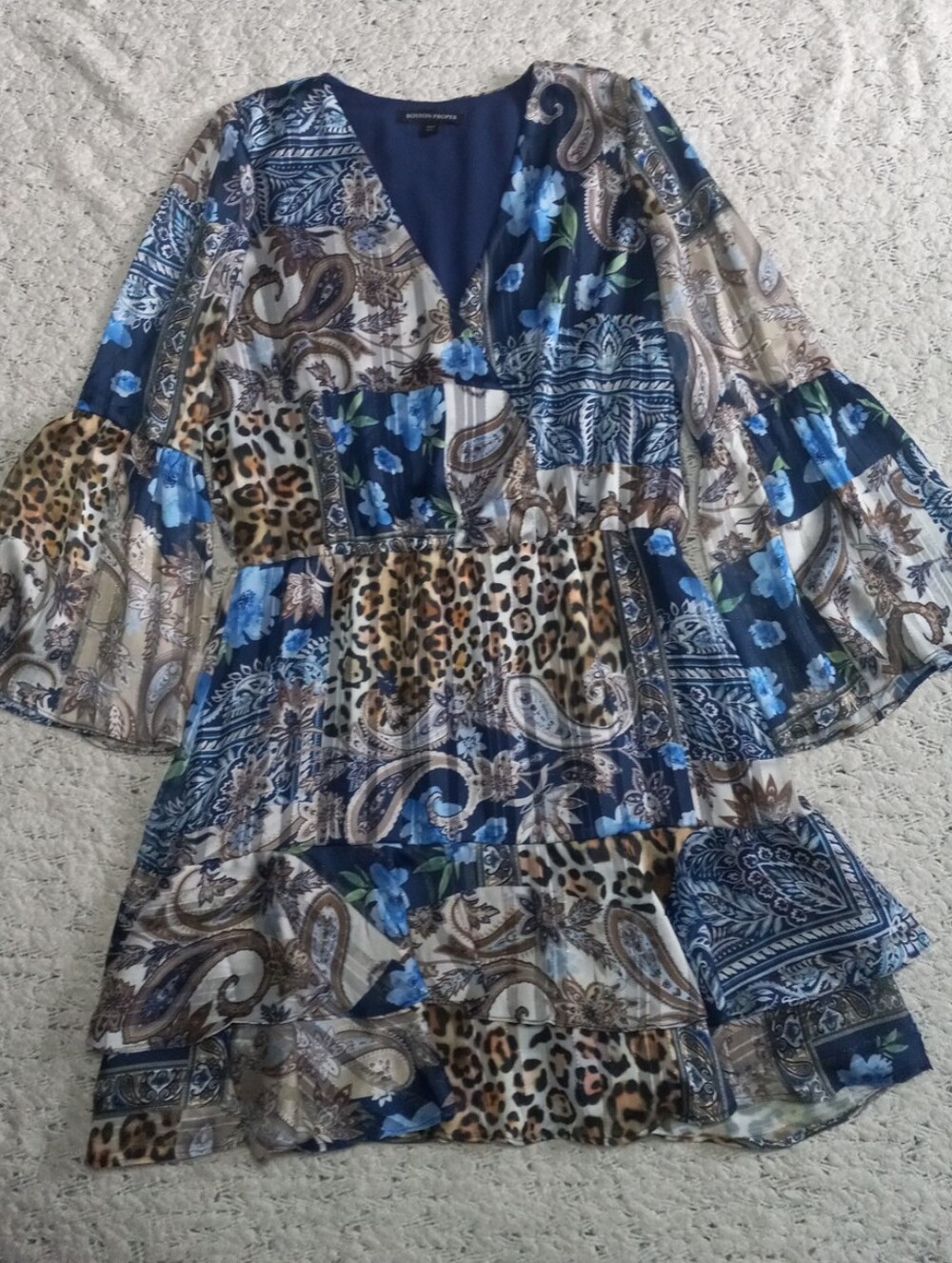 Boston Proper Wild Patchwork Print Flare Sleeve Peasant V-Neck  Dress Size L - Picture 3 of 9